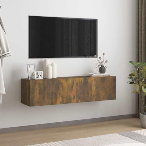 GeenYuu Armoire Murale TV chêne fumé en Bois d'ingénierie 120x30x30 cm avec Portes déroulantes, Rangement Pratique pour Salon séjour, Support Design Moderne Industriel