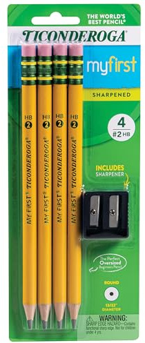 Ticonderoga My First Pencils, Wood-Cased #2 HB Soft, Pre-Sharpened with Eraser, Includes Bonus Sharpener, Yellow, 5 Piece (Pack of 1)(33309)