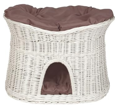 Katzenkorb aus Weide in ovaler Form für den Innenbereich mit Zwei Ebenen, Größe XL 70 cm, weißer Korb mit braunem Kissen | Damian-Wiklina