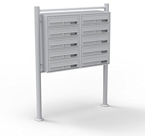 Wiltec 10er Briefkastenanlage silberfarben 945 x 270 x 1500 mm, Standbriefkasten mit 2x5 Fächern, Schlüssel und Namensschild, Briefkasten Postkasten mit Ständer
