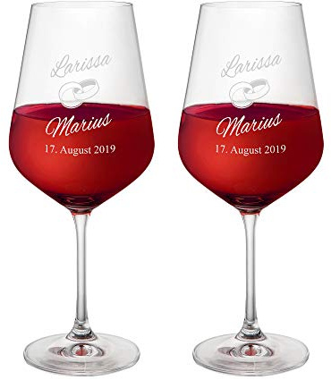 AMAVEL Set de 2 Verres à Vin Rouge Personnalisés Noms et Date, Anneaux Mariage, Volume 500 ML