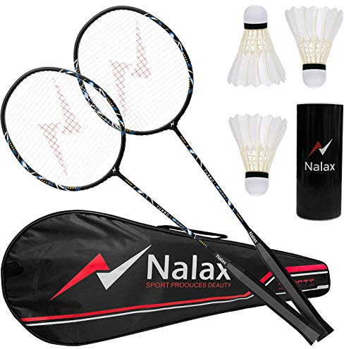 Nalax Set da badminton, racchette da badminton con 2 giocatori, in grafite professionale, con 3 volani e 1 borsa per il trasporto per giochi in cortile, adatto per dilettanti e professionisti