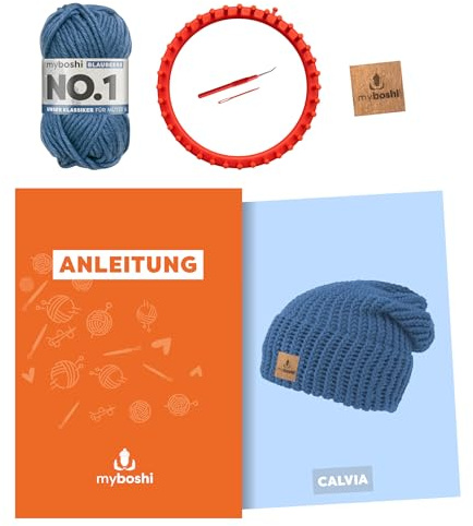 myboshi Strickring-Set Mütze Calvia, inkl. No.1-Wolle, Anleitung, Wolle und Label, für Anfänger geeignet, Loom-Set 30% Merinowolle Blau, mit Strickring