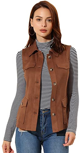 Allegra K Veste cargo sans manches en faux daim avec boutons pour femme, marron, Medium