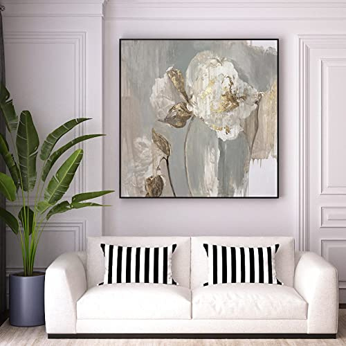 MWMG Acrylbilder Auf Leinwand Handgemalt, Vintage Weiße Pfingstrose Blumenblätter Goldfolie Abstrakte Moderne Rahmenlose Handgemalte Ölgemälde Auf Leinwand Für Familienwand Wohnzimmer Esszimme