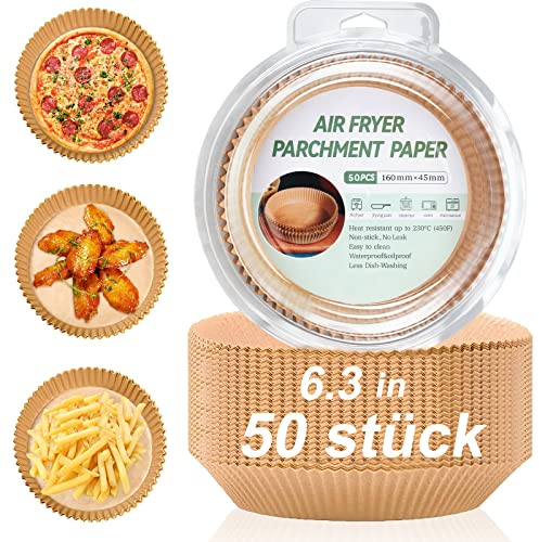 Lot de 50 feuilles de papier sulfurisé pour friteuse à air chaud 6,3 in Airfryer, antiadhésives, jetables, imperméables, résistantes à l'huile, pour friteuse à air chaud, poêle, four, micro-ondes