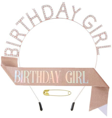 GUO-YING Födelsedagskrona födelsedag schäff prinsessa krona glitter rosa guld födelsedag flicka skärp & strass tiara kit för födelsedag present party tillbehör och dekorationer (roséguld