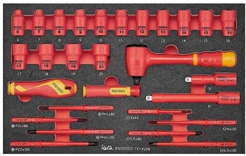 Teng Tools 28 Piece 1000 Volt Insulated 3/8 Inch Drive 6 Point Shallow Socket, Extension Bar, Ratchet & Screwdriver EVA Foam Set - TEFXV28