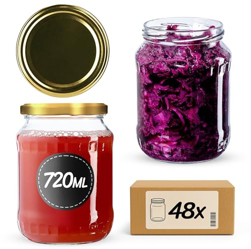KADAX 48er Set Einmachgläser 720ml TO82 Gold, Große Sturzgläser mit Schraubdeckel, Einkochgläser Fermentierglas für Gurken, Gemüse, Sauerteig