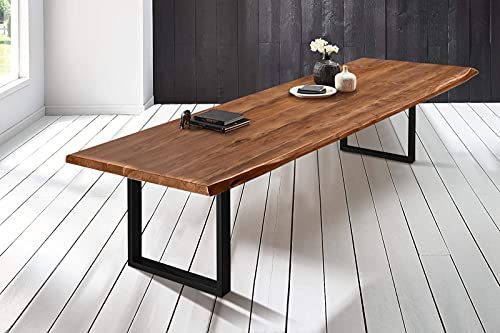 SAM XL-Esstisch 300x120 cm Bob, Akazienholz nussbaumfarben & massiv, Baumkantentisch mit U-Gestell aus Metall Schwarz, echte Baumkante, Platte 50mm