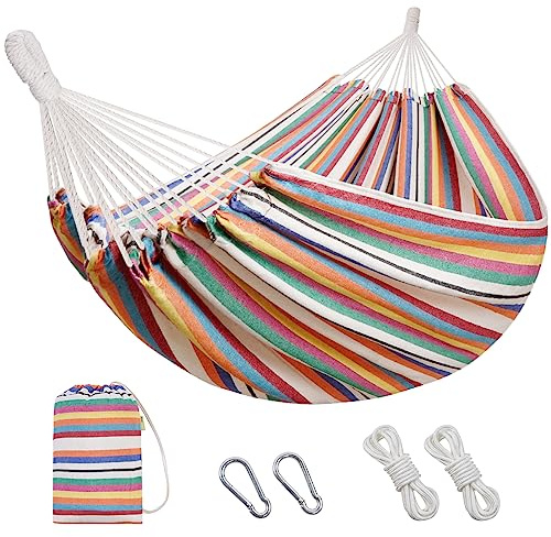 Brasilianische Hängematte mit Baumgurten – Baumwoll-Hängematten tragbare Hängematte mit Tragetasche für Hinterhof, Veranda, Außen- und Innenbereich, gestreift (mixcolor Stripe)