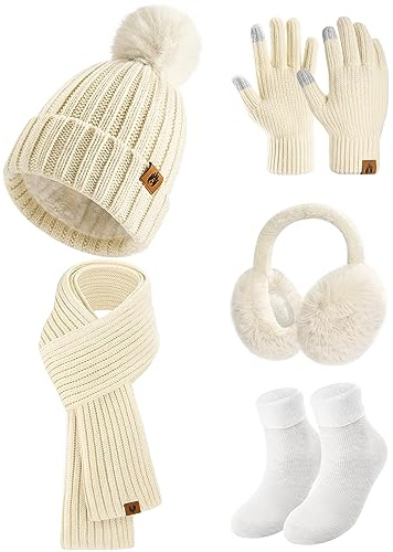 Niwicee Donna Invernali Cappello Long Sciarpa Touch Screen Guanti Plush Paraorecchie Calze Caldo Regalo Cappello Pile Donna Invernale 5 Pezzi Da Sci Set-Bianco-