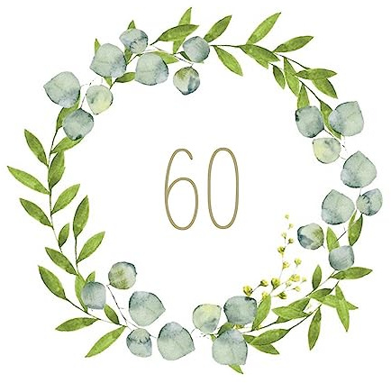 Lot de 60 serviettes de table Botanical Eucalyptus pour anniversaire 60 ans, avec feuilles de vigne blanches, vertes et dorées, décoration de table d'anniversaire, pour anniversaire, mariage et