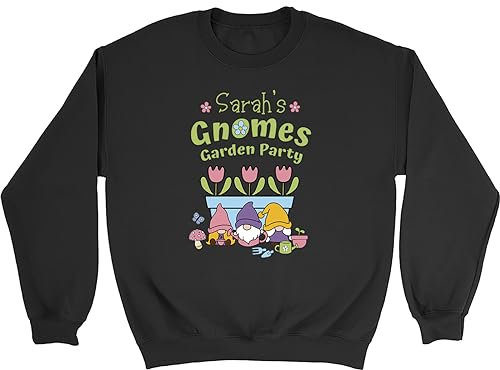 Shopagift Personalised Gnomes Garden Party Sweatshirt Gardening Gardener Gift Unisex Jumper Black