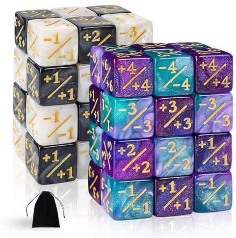 48 Stück MTG Zähler Token, +1/+6 & -1/-6 Würfelset, Glitter Sparkle Dice | MTG-Würfel Set Token, Loyalität Würfel Starry Marble D6 Würfel kompatibel, Sternenlicht Schwarz und Weiß