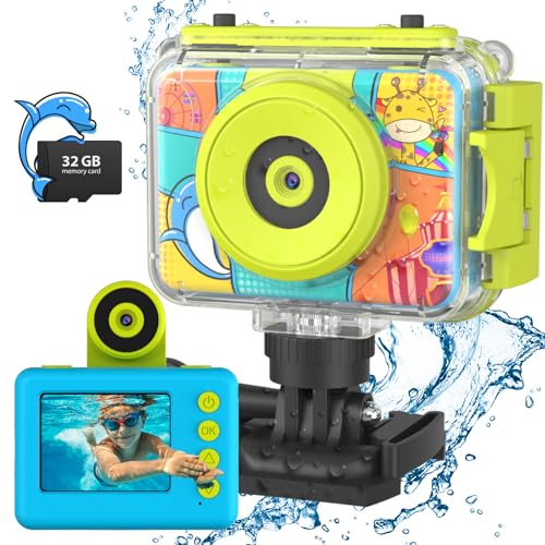 CHAKEYAKE Cámara Fotos Infantil Impermeable, 20MP 1080P HD Camara de Fotos para Niños Selfie, Videocámara con Tarjeta SD de 32GB, Soporte para Bicicleta,Cámara Digital Juguetes Regalos para Niños 3-12