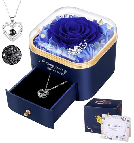 Firestyle Preserved Blue Real Rose with I Love You Necklace in 100 Languages-Eternal Flowers Rose Gifts for Women Mum Wife Girlfriend on Christmas Valentines Day Mothers Day Anniversary Birthday