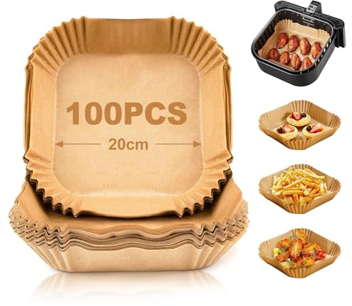 Logei Carta da forno per friggitrice ad aria calda, 100 pezzi 20 cm, carta da forno quadrata, antiaderente, impermeabile, resistente all'olio, usa e g