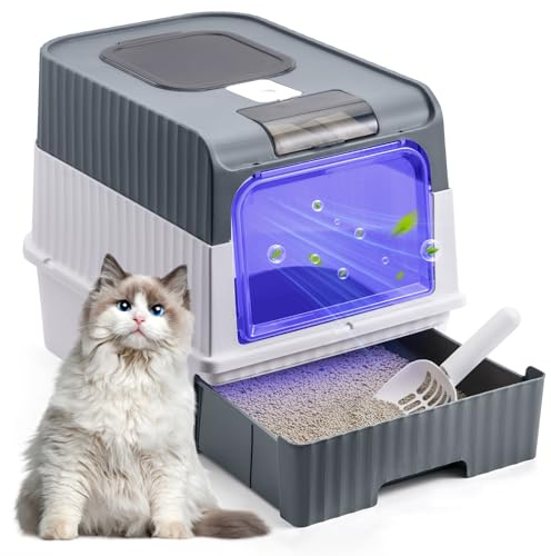 Fellie Cat Litter Box with UV Sterilization, Large Anti-Splash Litter Tray, Odor Control Easy Clean Foldable, Grey