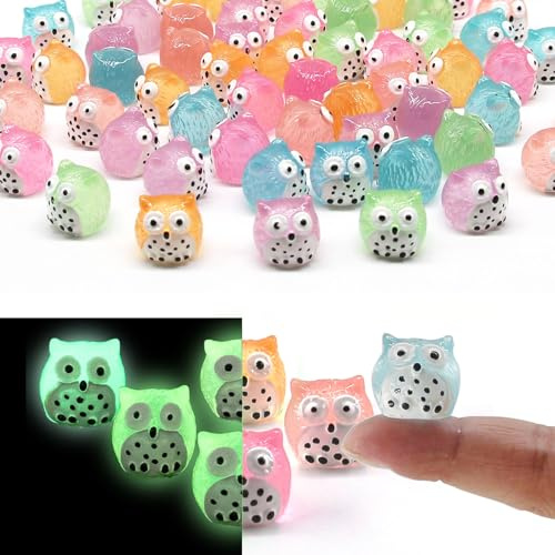 SparkleFab Mini animali luminosi in resina, 60 piccoli gufi in resina in 6 colori, si illuminano al buio, perfetti per miniature da giardino, accessori per giardino fatato