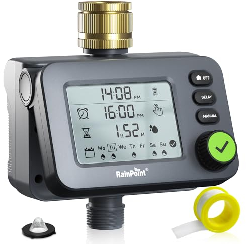 RAINPOINT Centralina Irrigazione, Timer Irrigazione con ritardo della pioggia/modalità automatica e manuale, IP54 impermeabile/grande schermo LCD, Computer di irrigazione per giardino, prato, balcone