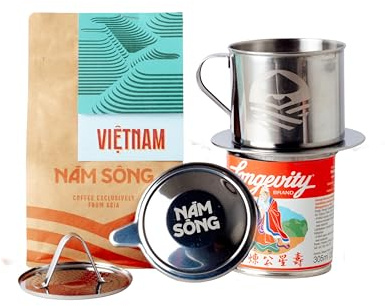 Nam Song Vietnamese Coffee Maker Set – 8oz Stainless Steel Phin Coffee Filter with 220g Ground Vietnam Roast & Dairy Condensed Milk – No Paper Filters Needed