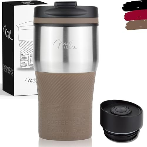Milu Thermobecher Kaffee to go - 300ml - 100% Auslaufsicher – Isolierbecher, Kaffeebecher, Trinkbecher aus Edelstahl - Autobecher doppelwand Isolierung - Travel Mug (Braun)