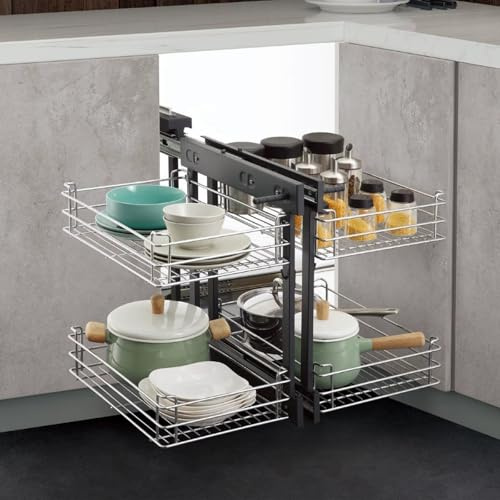 SJDUYD Magic Corner Organizer,2 Ebenen Ausziehbarer Küchenschrank Organizer mit 4 Aufbewahrungskörbe,robuster Küchen-Eckschrank-Organizer 900