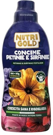 NutriGold® concime Petunie e Surfinie | Fertilizzante per Petunie, Surfinie e Fiori da Balcone - Stimola Fioriture Ricche e Colori Brillanti - Nutrienti Selezionati a Km0 - Liquido 700g + 50g Omaggio