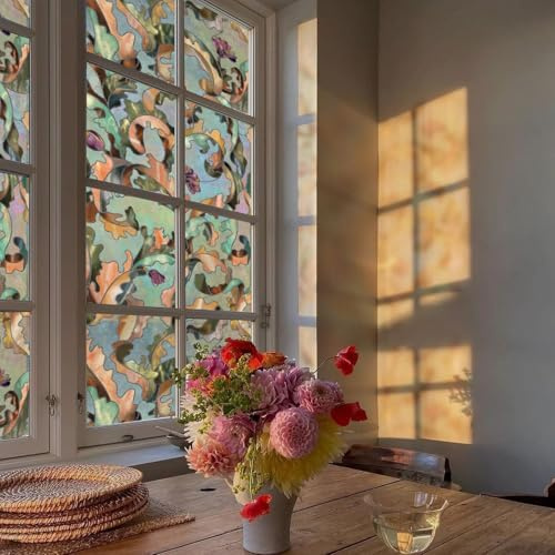 Stained Glass Window Film Privacy for Glass Windows,Window Privacy Film UV Blocking No Glue for Home Kitchen Office Bathroom，Leaf Serenade 60x90cm
