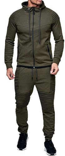 QUNERY Tute da Ginnastica da Uomo Tuta Uomo Completa Manica Lunga Cerniera Giacca & Pantaloni Set Jogging per Attività All'aperto e Uso Quotidiano Verde Militare XL