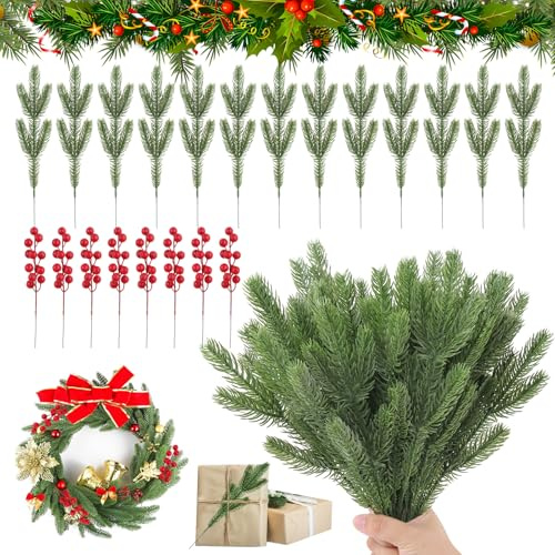 SneiDr 40 Ramas de Pino Artificiales 27cm con 10 Tallos de Bayas Rojas Navidad 22cm Simulación Verde Agujas Pino para Decoración de Ramos Guirnaldas Árbol de Navidad o Regalos DIY