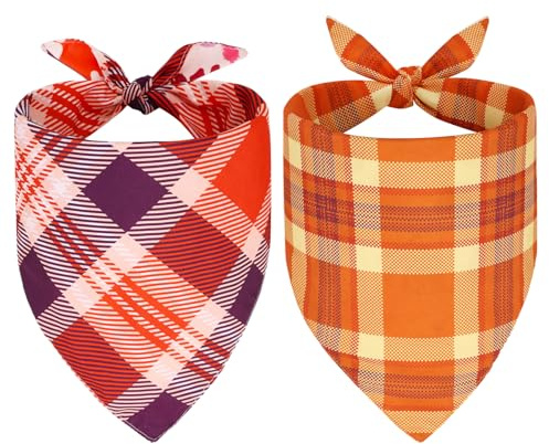 SZEE 2 Stück Hund Kostüm Hundehalstuch, Hundekostüm Dog Bandana mit Beidseitiges Musterdesign- Klassischer Tartan+Ahornblatt und Kürbis, Hundebekleidung Kopftücher Waschbarer für Hunde und Katzen, L
