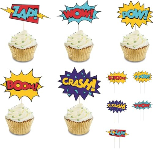 Gleemix Superhelden Geburtstag Tortendeko 10 Stück, Superheld Boom Cupcake Toppers, für Kinder Geburtstag, Superhelden Party Favors