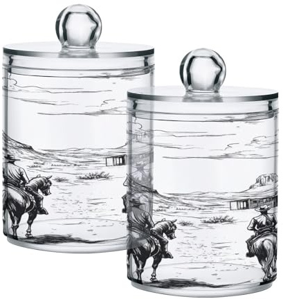 Ttgoth Western Cowboy Qtip Holder Dispenser Acrylic Bathroom Jars 2 PCS Apothecary Jar Makeup Organizer for Cotton Pad, Bud, Swab, Ball