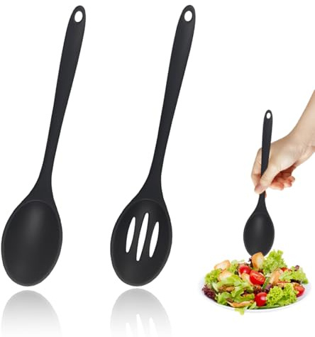 JRYXDS Juego De 2 Utensilios De Cocina De Silicona, Cucharas De Silicona Para Cocina，Cucharas Ranuradas Negras Resistentes Al Calor, Ideales Para Freír, Mezclar, Servir, Escurrir, Girar Y Remover