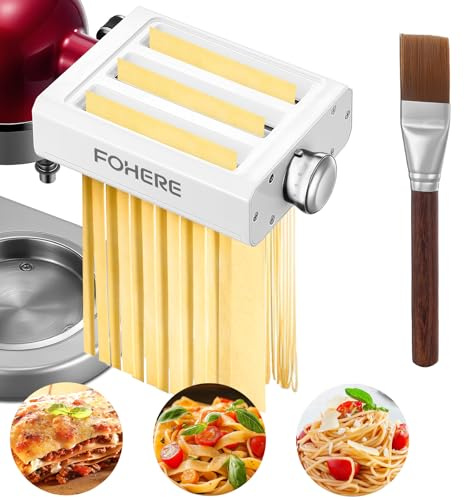 3-en-1 Accessoires pour Machine à Pâtes pour KitchenAid Robot Pâtissier | Comprend Rouleau à Pâtes, Coupe-Fettuccines, Coupe-Spaghettis et Brosse à Nettoyage (7 épaisseurs Réglables)