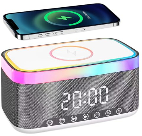 PORFOYO Digital väckarklocka med ljus och laddningsstation, 3-i-1 digital väckarklocka med Bluetooth-högtalare, 15 W trådlös laddare, dubbel väckning, 6 färger miljöljus