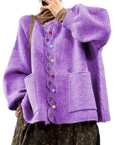 Minetom Gilet Femme Cardigan Ample Chaud Pull Veste avec Boutons Oversize Manches Longues Automne Hiver Tricot Manteau avec Poches A Violet 3XL