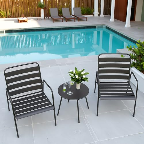 KamerOut Lot de 3 petits meubles de bistrot pour terrasse, extérieur, pour toutes les conditions météorologiques, avec table d'appoint ronde et 2 chaises pour terrasse, pelouse, jardin, arrière-cour