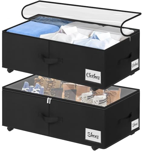 Kukikan Lot de 2 boîtes de rangement sous le lit - 20 cm de haut - 50 l - Montage rapide - Avec couvercle transparent et étiquette - Idéales pour les vêtements