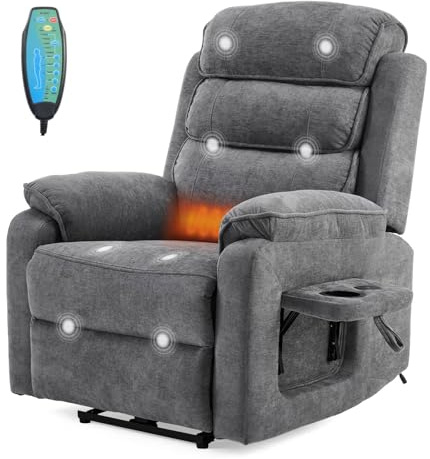 LEADZM Fernsehsessel Relaxsessel mit drahtloser Ladevorrichtung, 1 USB-Anschluss, 1 USB-C-Ladeanschluss, Liegen TV Sessel mit Massage Heizung, Seitentaschen, Getränkehalter (Dunkelgrau)