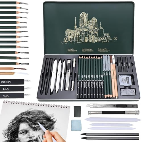 MENUY 27 Stück Zeichenset Professionell, Bleistift Set mit Kohlestiften zum Zeichnen, Umfangreiches Bleistifte Set für Künstler und Anfänger inklusive Zeichenutensilien