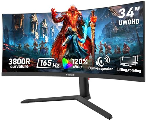 Gawfolk 34 Inch Ultrawide Curved 165Hz Gaming Computer Monitor 3800R PC Screen 21:9 UWQHD (3440x1440),120% sRGB,1ms,Adaptive Sync,Display Port、HDMI,Liftable Stand,Built-in speaker - Black