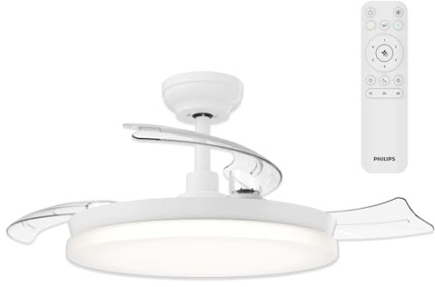 Philips Solr Taklampa med Fläkt, Fällbara Blad och LED-lampa, 3 Blad, 106 cm i Bladdiameter, 4 500 Lumen, Tre Nyanser av Vitt Ljus (2 700 K/4 000 K/5 500 K), Dimbar till 10%, Fjärrkontroll Ingår, Vit