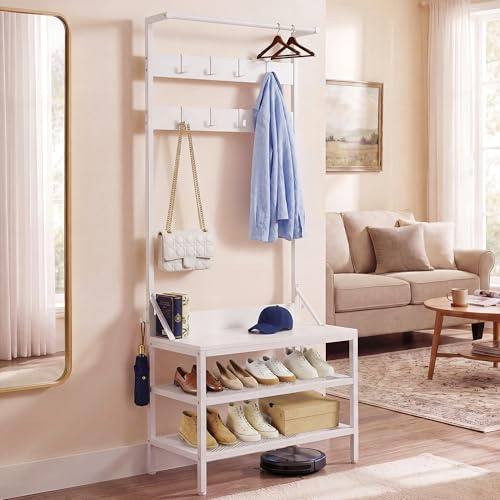 YITAHOME Coat Stand Clothes Rack Shoe Rack, Hallway Storage Unit, White | 3-in-1 Freestanding Industrial Clothes Rail with Bench 9 Hooks, 2-Tier Shoe Shelves for Living Room Bedroom, 72x34x182.5cm