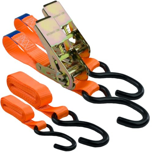 Spanngurte mit Ratsche und Haken 2er Set, 25mm breit 4m lang, bis 700kg, Spanngurt-orange, Zurrgurte für Ladungssicherung, Spanngurte-Haken, Gurtband, Spanngurt 4m