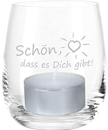 4you Design Windlicht Schön das es Dich gibt – Geschenk für Männer und Frauen – Geschenkidee zu Weihnachten, Geburtstag, Muttertag – Glas mit wertschätzender Gravur – Glas OHNE Teelicht
