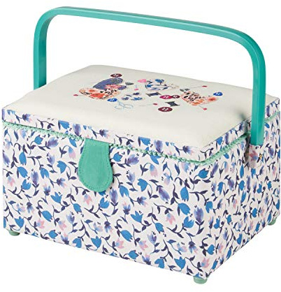 Sewing Online Medium Sewing Box,Blue Floral Fabric with a Sewing Notions Aplique Lid | 26 x 18 x 15cm | Storage & Organiser Basket with Compartments for Sewing Supplies/Accessories - GA1116M
