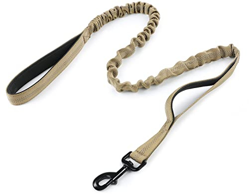 rabbitgoo Guinzaglio per Cani, Guinzaglio Addestramento per Cane Militare Tattico, Resistente Robusto Riflettente Corda con 2 Maniglie Imbottite per Camminata Notturna, Corsa, 114-158cm, Marrone